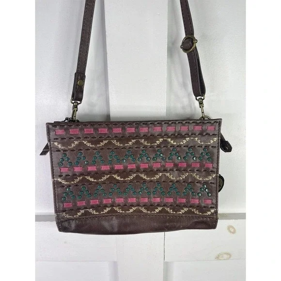 The SAK Crossbody Leather Boho Purse Bag Aztec Tribal Print Pattern Dark Brown - Picture 6 of 9